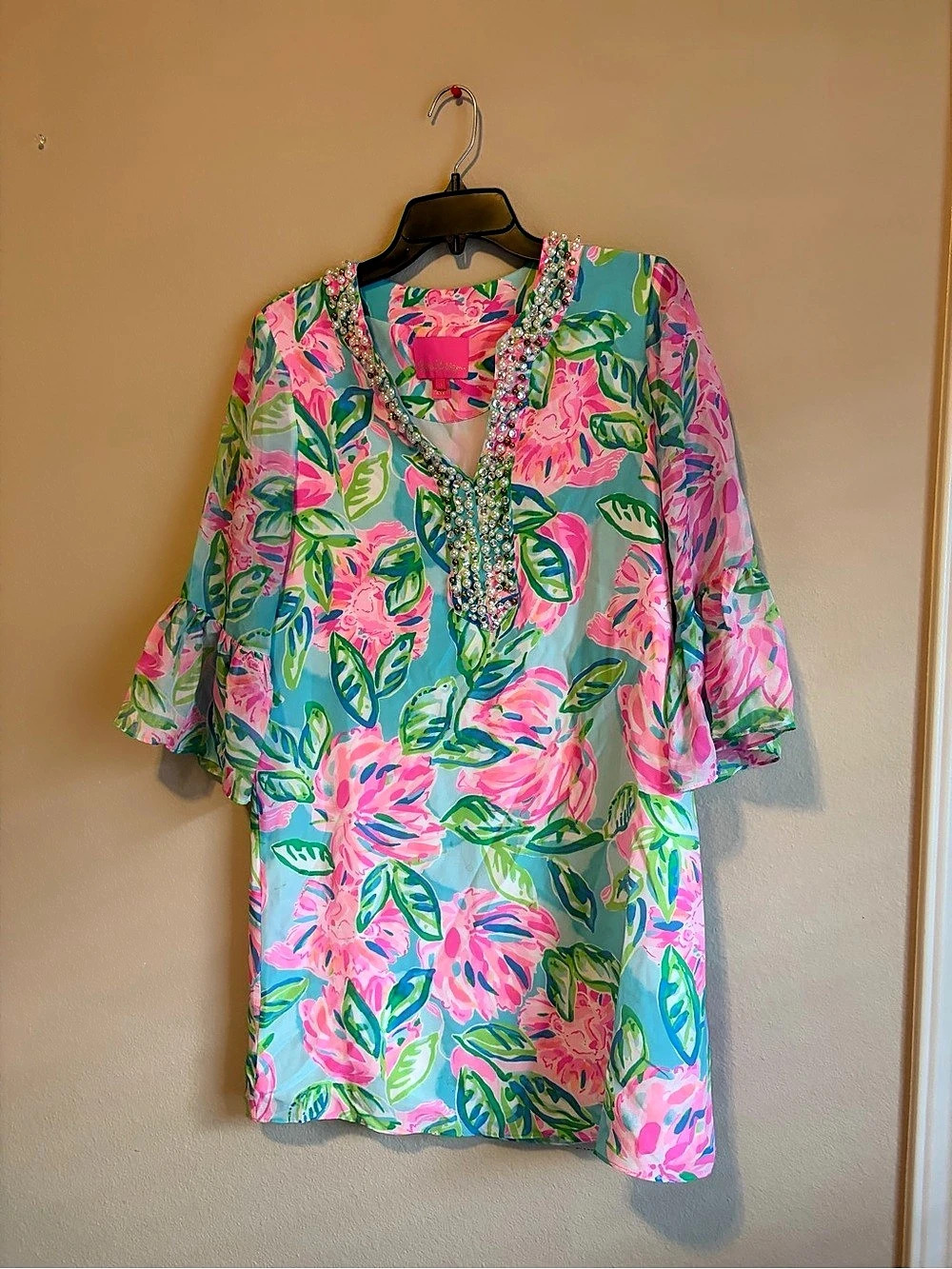 Lilly Pulitzer Elenora Silk Floral Embellished Mini Dress Blue & Pink , size sma